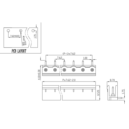 Lado de tono de 7.62 mm Terminal vertical macho y ángulo de conector femenino